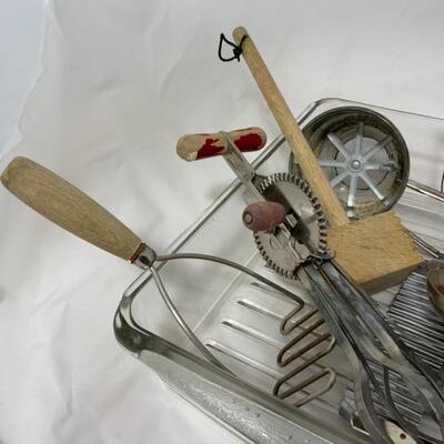 .120. VINTAGE | Red-Handled Kitchen Utensils | Glass Meat Chest Drawer