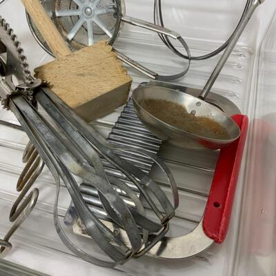 .120. VINTAGE | Red-Handled Kitchen Utensils | Glass Meat Chest Drawer