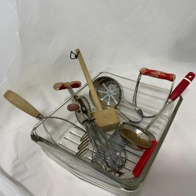 .120. VINTAGE | Red-Handled Kitchen Utensils | Glass Meat Chest Drawer