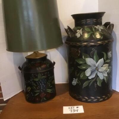 H - 734 Antique Tole Painted Lamp & Milk Can