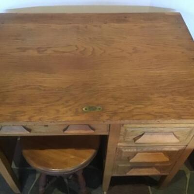 H - 735 Antique Wooden Kneehole Desk with Piano Stool