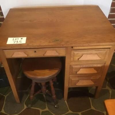 H - 735 Antique Wooden Kneehole Desk with Piano Stool