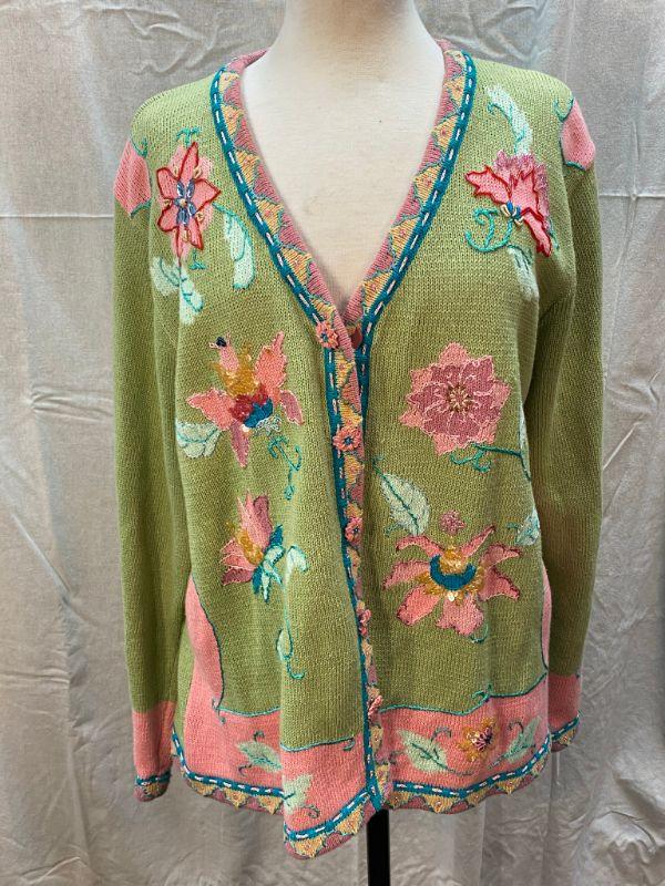 Storybook Knits Pink & Green Flower Cardigan Sweater Size L YD#020-1220 ...