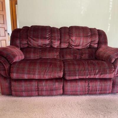 Lot 2. Cranberry-colored velveteen two-seat sofa, with two storage drawers and cushions--$50 
