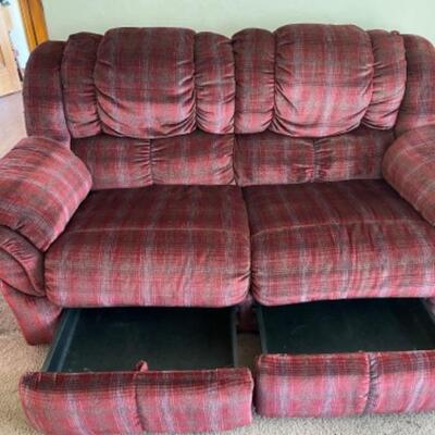 Lot 2. Cranberry-colored velveteen two-seat sofa, with two storage drawers and cushions--$50 