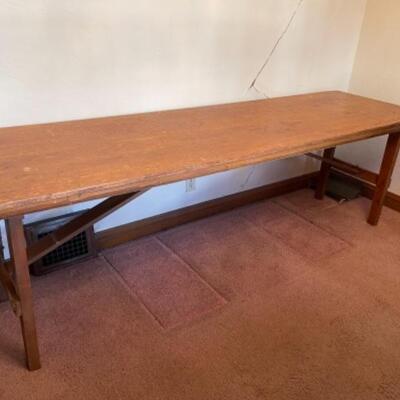 Lot 3. Vintage hand-crafted utility table, oak, folded, with locking legs, heavy duty, 96â€x28â€x30â€--$75