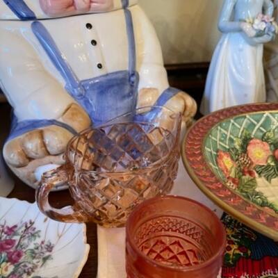 Lot 11. Vintage and contemporary porcelain, pottery, cookie jars, containers, Shirley Temple pitcher, etc.--$45