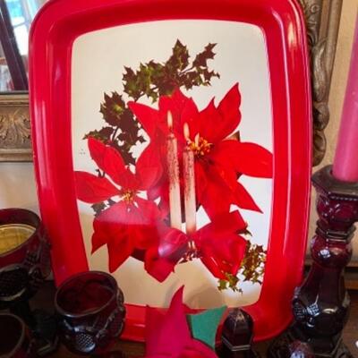 Lot 12. Assortment of Christmas and holiday items, cranberry glass, napkin holders, candlesticks, etc.--$50