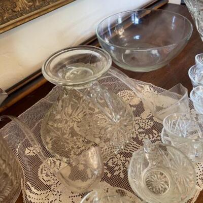 Lot 15. Anchor Hocking glass-footed punch bowl with 12 cups, pitcher and bowl--$45 