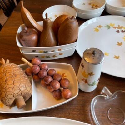 Lot 18. Miscellaneous pieces of Franciscan china (Indian Summer), as is, along with wooden fruit--$65 