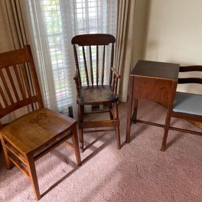 Lot 21. Three chairs--1 oak office chair; 1 oak high chair; 1 telephone chair (pine/stained dark)â€”$40