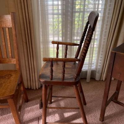 Lot 21. Three chairs--1 oak office chair; 1 oak high chair; 1 telephone chair (pine/stained dark)â€”$40