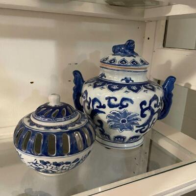 Vintage Blue & White Covered Urns and Dish