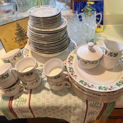 Lot 41. Gibson Christmas dishware, mugs, plates, bowls, trivets, etc.---$40