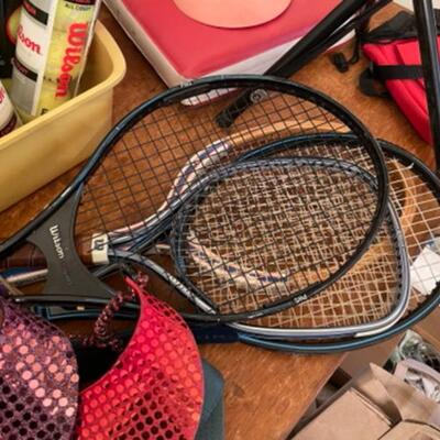 Lot 52. Assortment of tennis equipment and accessories (6 rackets, stadium seat), etc.--$65