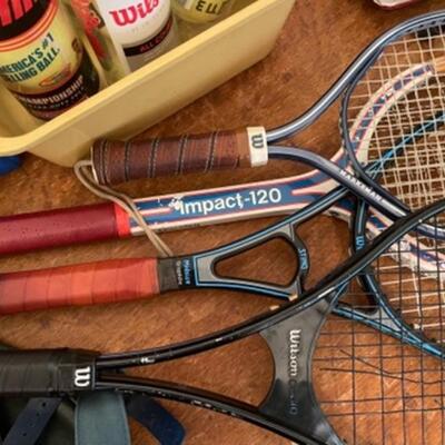 Lot 52. Assortment of tennis equipment and accessories (6 rackets, stadium seat), etc.--$65