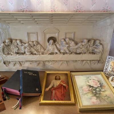 Lot 53. Lot of religious articles and plaster Last Supper wall hanging--$35