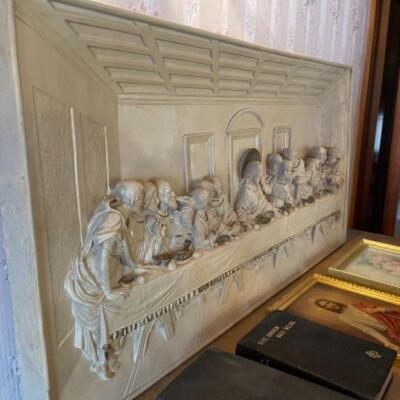 Lot 53. Lot of religious articles and plaster Last Supper wall hanging--$35
