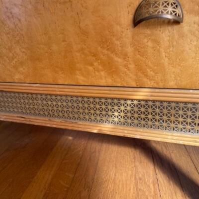 Lot 72. Art Deco five drawer highboy dresser, birdâ€™s eye maple, honey colored (32.5â€L 46â€H 18.5â€D) with matching metal mesh...