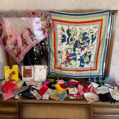 Lot 76. Vintage scarves, nylons, gloves and mittens--$150