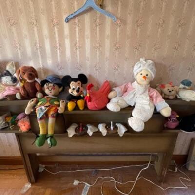 Lot 79. Assortment of stuffed animals and dolls (vintage Mickey Mouse doll, etc.--$35