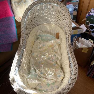 Lot 80. Bassinet with stand; assorted vintage baby blankets 1960s; chenille baby blankets, crib sheets crib mattress, baby receiving...