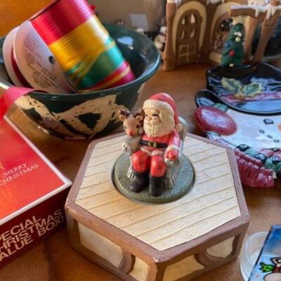 Lot 82. Assortment of Christmas itemsâ€”candles, dÃ©cor, ribbon, matches, frames, boxes, cards, votive holders, bowls, mugs--$15