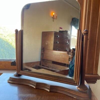 Lot 86. Bedside table (17.5â€L x 14â€D x 26â€H), one crystal lamp with shade (1950s), shaving stand mirror, wooden jewelry box with 3...