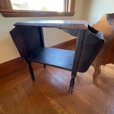 Lot 88. Vintage magazine rack (26â€™L x 12â€W x 23â€H) and sewing box (1940s)(13â€L x 12â€W x 24â€H)--$40