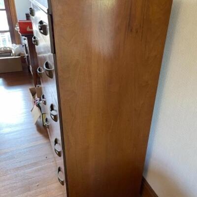 Lot 89. Vintage 1950s highboy â€”5 drawers, walnut, metal handles,  35.5L x 19.25â€D x 48.5â€H--$65