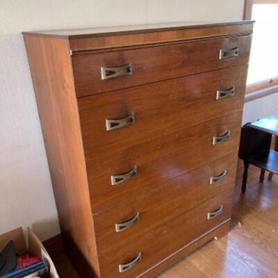 Lot 89. Vintage 1950s highboy â€”5 drawers, walnut, metal handles,  35.5L x 19.25â€D x 48.5â€H--$65