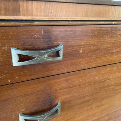 Lot 89. Vintage 1950s highboy â€”5 drawers, walnut, metal handles,  35.5L x 19.25â€D x 48.5â€H--$65