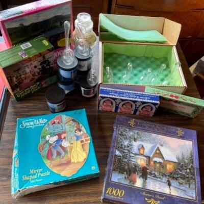 Lot 94. Vintage soap, puzzles, jar of soap, 8 glass swans for flowers or candles, 6 balls of â€œThe Laundry Solution--$20