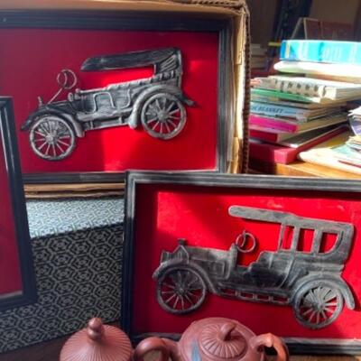 Lot 96. Vintage tin cars framed art, vintage tobacco pipes, crocodile flask, leather photo album, scent diffuser, wood box, 2 Asian...