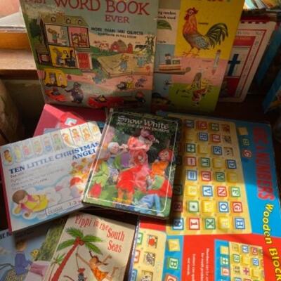 Lot 100. Large collection of vintage childrenâ€™s books, book sets, games, toys and records- - $50