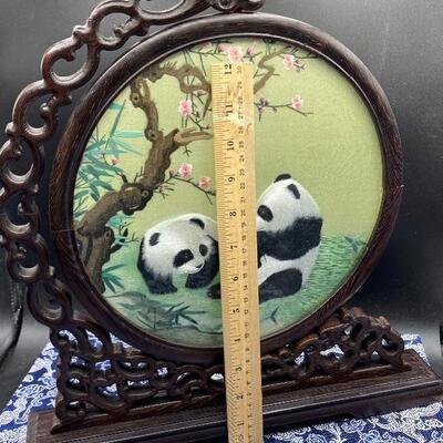 Asian Panda Cherry Blossom Framed Embroidered Silk Art w/ Box YD#017-1120-00074