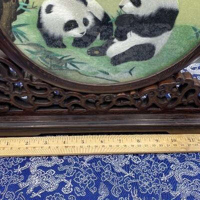 Asian Panda Cherry Blossom Framed Embroidered Silk Art w/ Box YD#017-1120-00074