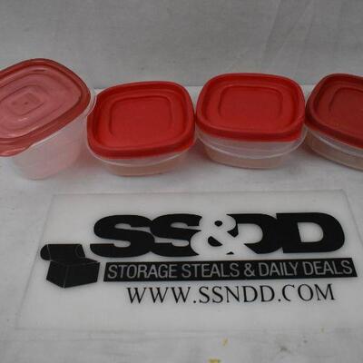 Rubbermaid Food Containers: 4 bowls + 4 lids, clear & red