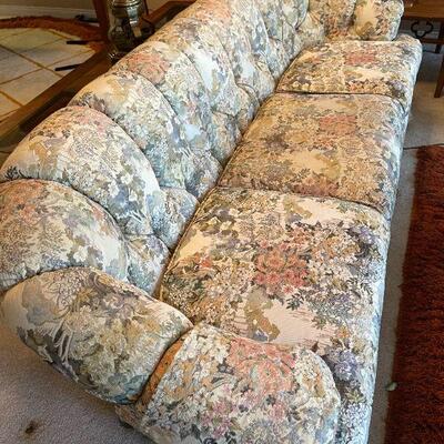 LOT 9 VINTAGE UPHOLSTERED SOFA & LOVESEAT ASIAN INSPIRED FABRIC