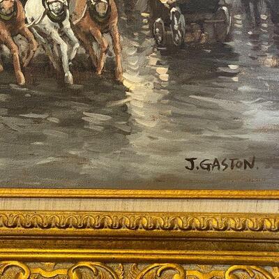 LOT 14. PAINTING PARISIAN STREET SCENE SIGNED J GASTON GOLD GILT FRAME