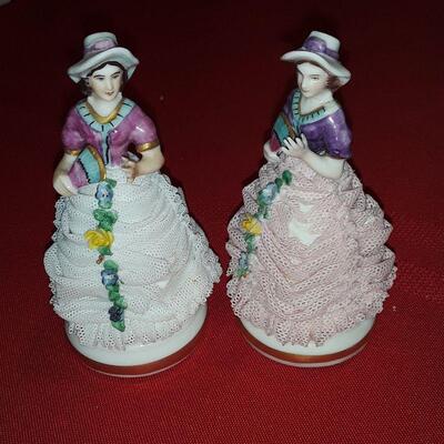 Pair of Dresden Lace Figurine MV Blue Crown Germany