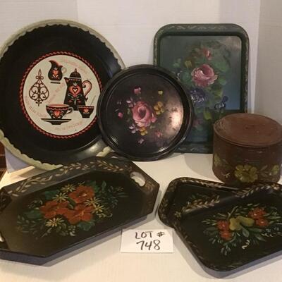 H - 748 Antique Tole Painted Trays & Lunch Pail Can