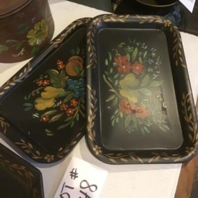 H - 748 Antique Tole Painted Trays & Lunch Pail Can