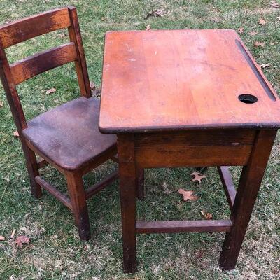 Lot 52 G: Antique Wooden School Desk & Chair
