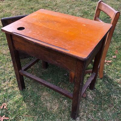 Lot 53 G: Antique Wooden School Desk, Chair & Extra Desktop