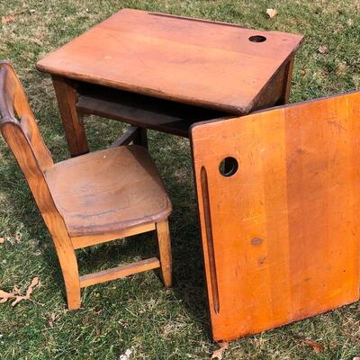 Lot 53 G: Antique Wooden School Desk, Chair & Extra Desktop