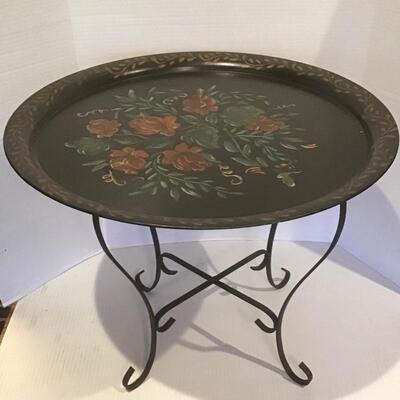 H - 752   Signed  by M. Martin Antique Tole Painted Tray with Stand
