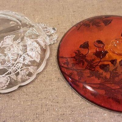 Two Viking Flanders Poppy Silver Overlay Glass Dishes