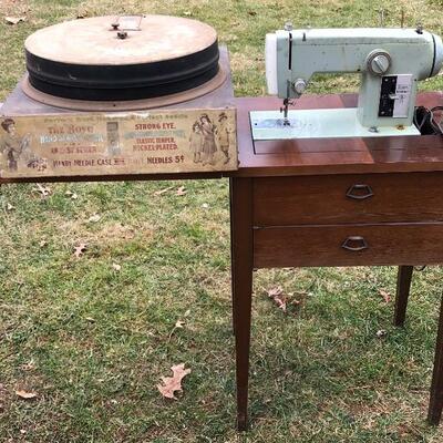 Lot 55 G: Antique Boyle Needle Co. Case & Sears Sewing Machine Table