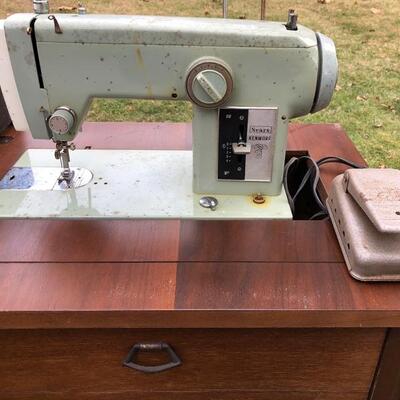 Lot 55 G: Antique Boyle Needle Co. Case & Sears Sewing Machine Table